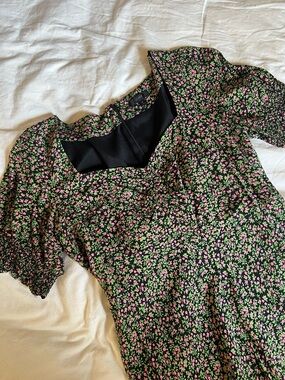 J Crew Black Floral Puff Sleeve Dress with Pink & Green Print